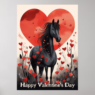 Cute Black Horse and Hearts Happy Valentine's Day Poster