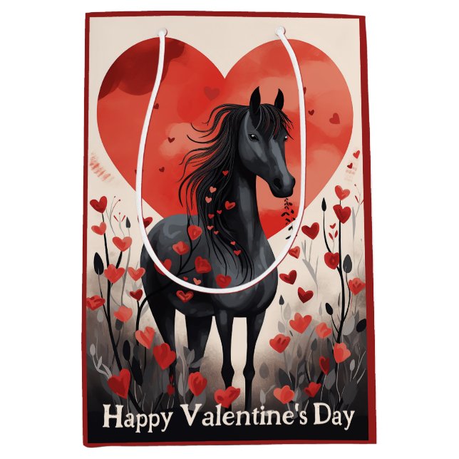 Cute Black Horse and Hearts Valentine's Day Medium Gift Bag (Front)