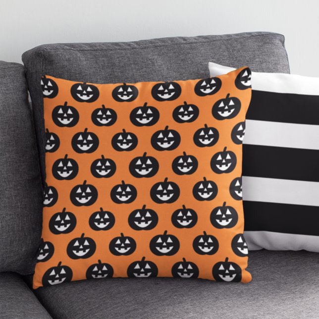 Cute Black Jack-O-Lantern Pumpkin Orange Halloween Cushion (Creator Uploaded)