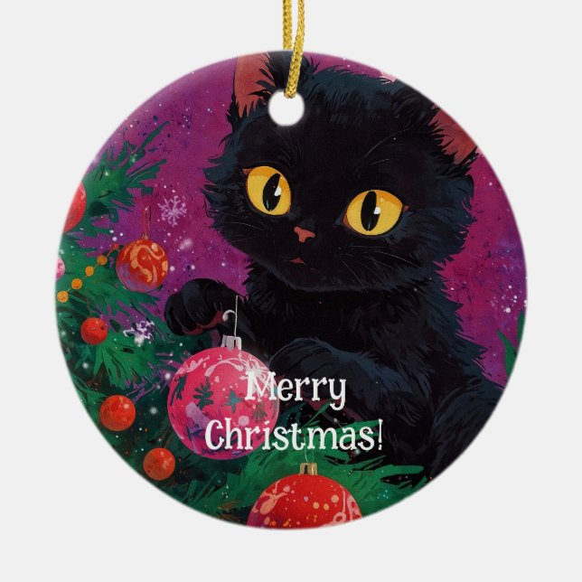 Cute Black Kitten and Christmas Tree Ceramic Ornament (Front)