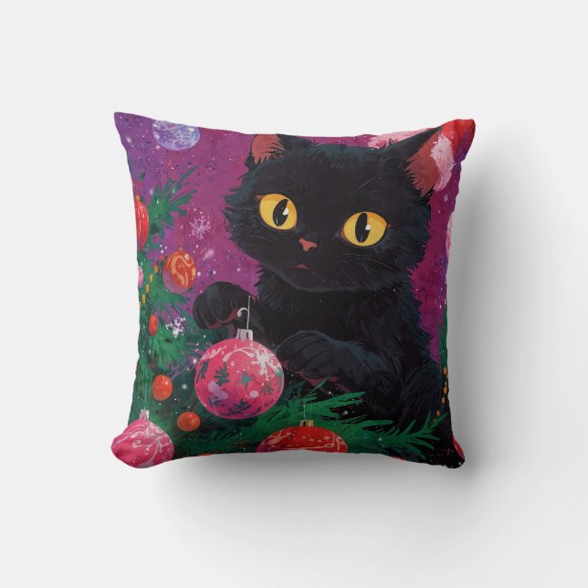 Cute Black Kitten and Christmas Tree Cushion (Front)