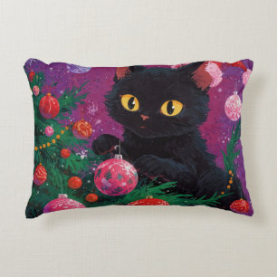 Cute Black Kitten and Christmas Tree Decorative Cushion