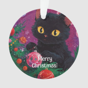 Cute Black Kitten and Christmas Tree Ornament