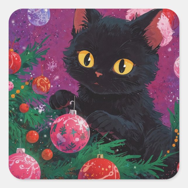 Cute Black Kitten and Christmas Tree Square Sticker (Front)