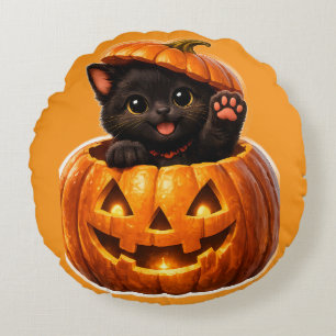 Cute black kitten and jack-o'-lantern spooky sweet round cushion