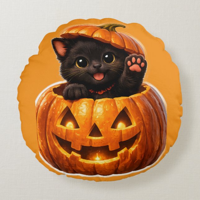 Cute black kitten and jack-o'-lantern spooky sweet round cushion (Front)