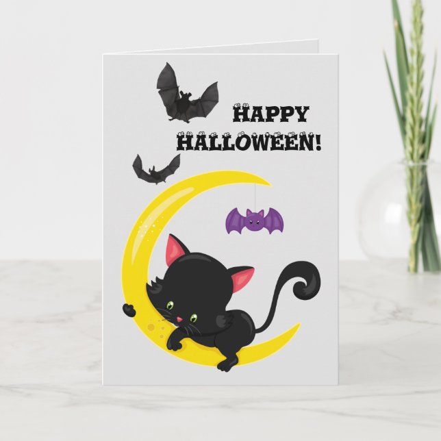 Cute Black Kitten and Moon Kids Halloween Card (Front)
