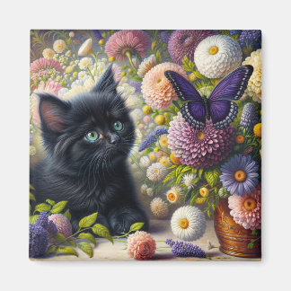 Cute Black Kitten and Purple Butterfly Floral Magnet