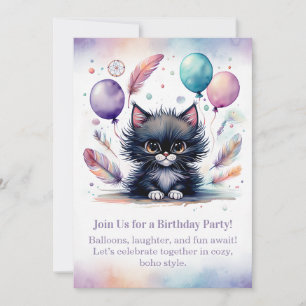 Cute Black Kitten Birthday Invitation  Boho 