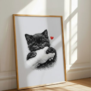 Cute Black Kitten Biting Hand with Love Hear Poster