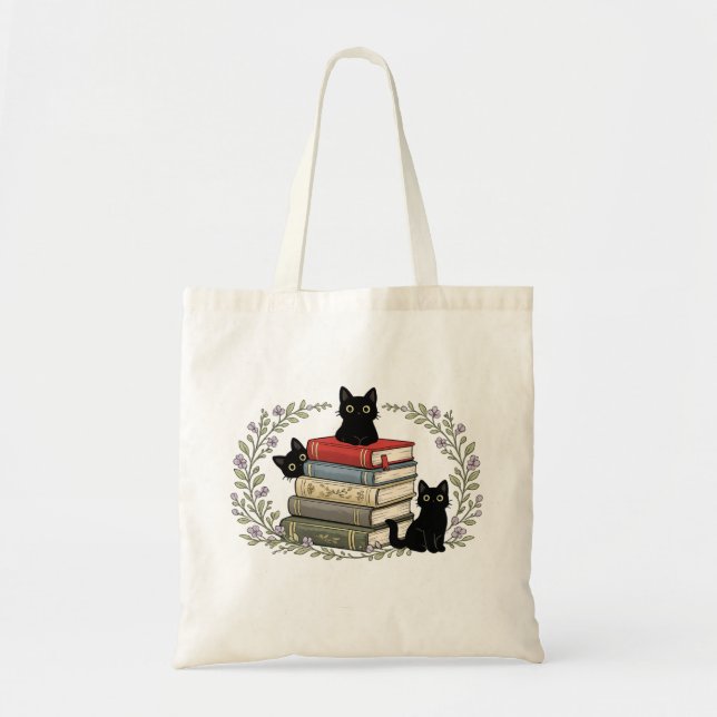 Cute Black Kitten Book Stack Floral Wreath Gift Tote Bag (Front)