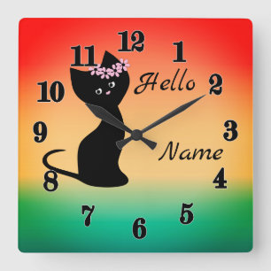 Cute black kitten cat gradient coral blue backgrou square wall clock