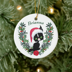 Cute Black Kitten Christmas Wreath Ceramic Ornament
