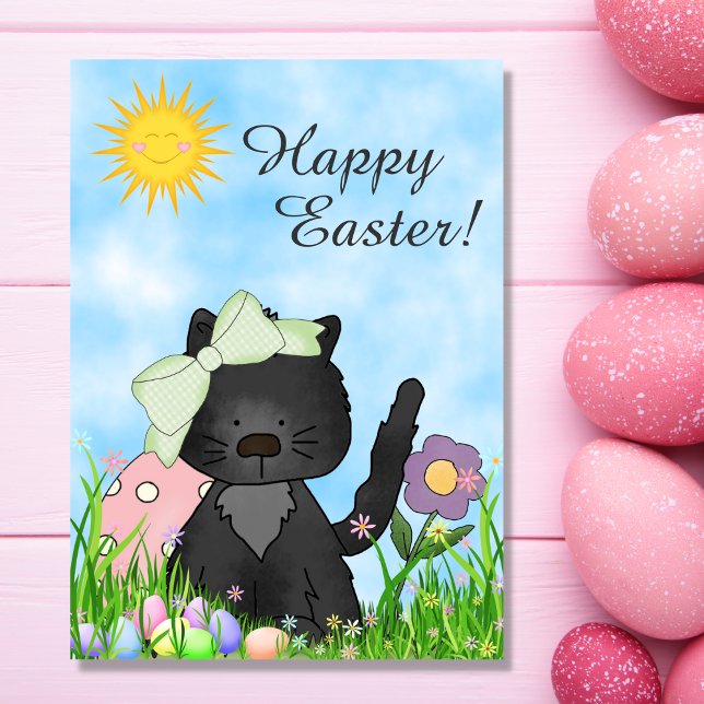 Cute Black Kitten, Colourful Eggs Happy Easter Cat Holiday Card (Creator Uploaded)