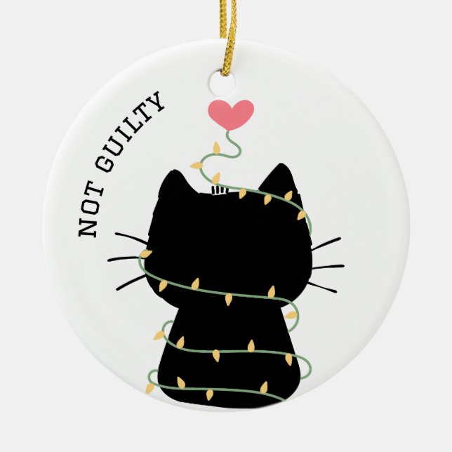 cute black kitten entangled in christmas light ceramic ornament (Front)