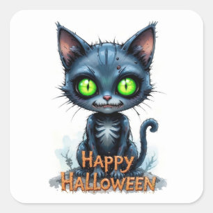 Cute Black Kitten Halloween Whimsical Cat Lover  Square Sticker