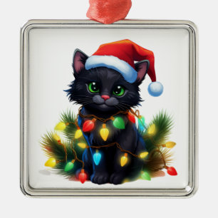 CUTE BLACK KITTEN HOLIDAY CHRISTMAS LIGHTS METAL ORNAMENT