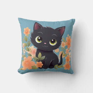 Cute Black Kitten, House Panther with Flowers Cushion
