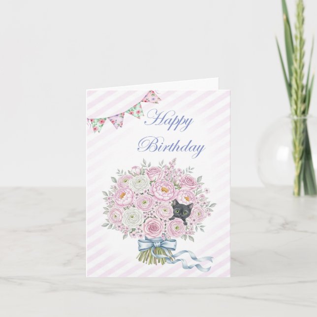 Cute Black Kitten in Pink Bouquet Pretty Birthday  Card (Front)