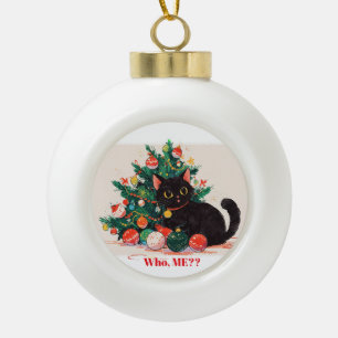 Cute Black Kitten looking Guilty - Christmas  Ceramic Ball Christmas Ornament