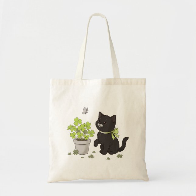 Cute Black Kitten & Lucky Clover Tote Bag (Front)