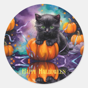 Cute Black Kitten Pumpkins and Ribbon Classic Round Sticker