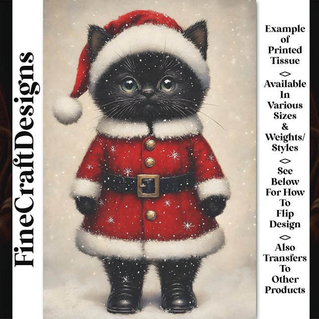Cute Black Kitten Santa Claus Outfit BW1 Decoupage Tissue Paper (Creator Uploaded)