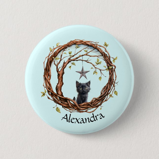 Cute Black Kitten Watching a Star 6 Cm Round Badge (Front)