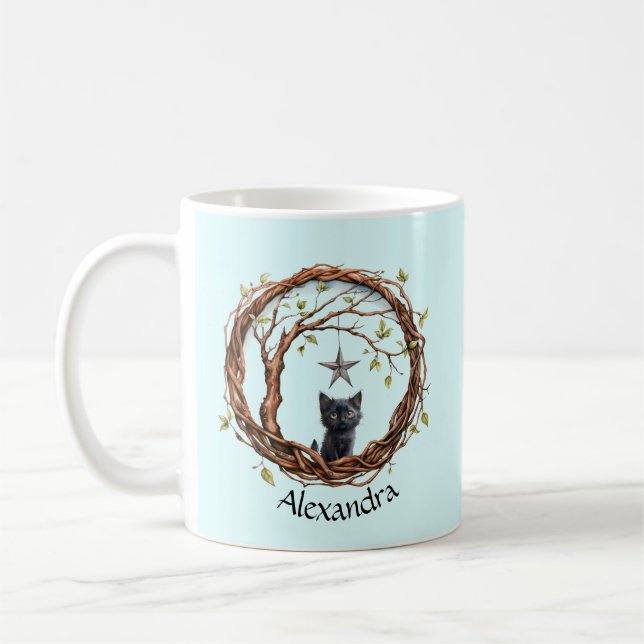Cute Black Kitten Watching a Star Coffee Mug (Left)