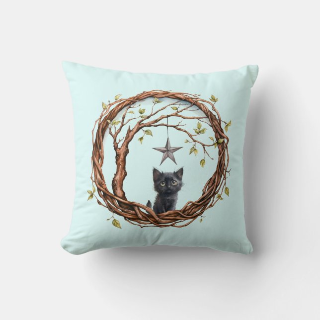 Cute Black Kitten Watching a Star Cushion (Front)