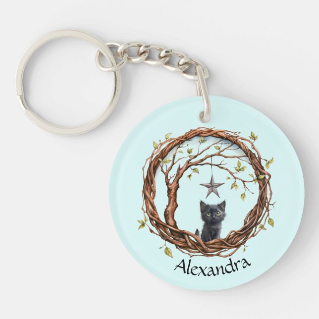 Cute Black Kitten Watching a Star Key Ring (Front)