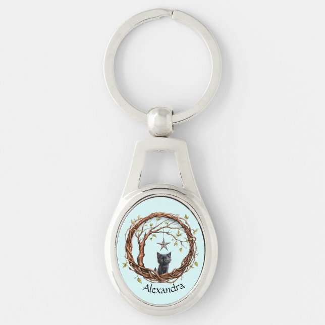 Cute Black Kitten Watching a Star Key Ring (Front)