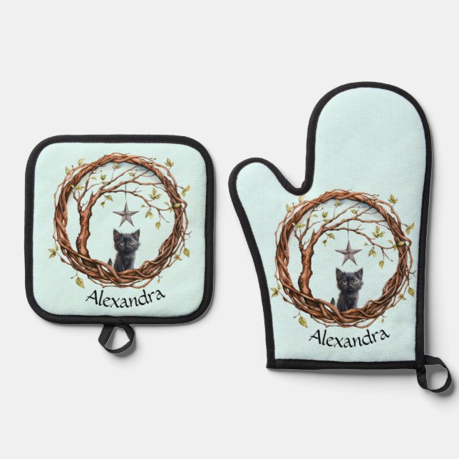 Cute Black Kitten Watching a Star Oven Mitt & Pot Holder Set (Front)