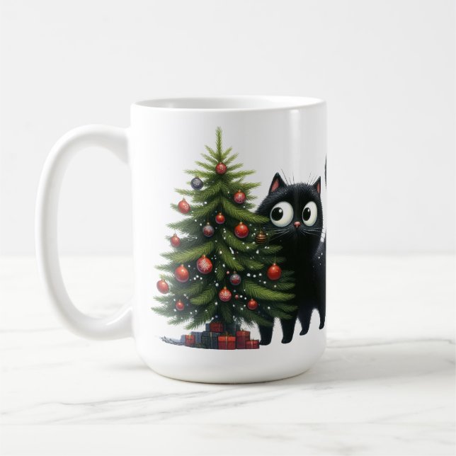 CUTE BLACK KITTEN WITH CHRISTMAS TREE COFFEE MUG (Left)