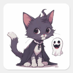 Cute Black Kitten With Ghost Halloween Cape 👻 Square Sticker
