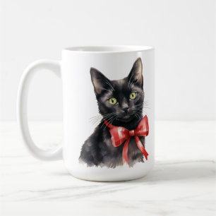 CUTE BLACK KITTEN WITH HOLIDAY RED BOW COFFEE MUG