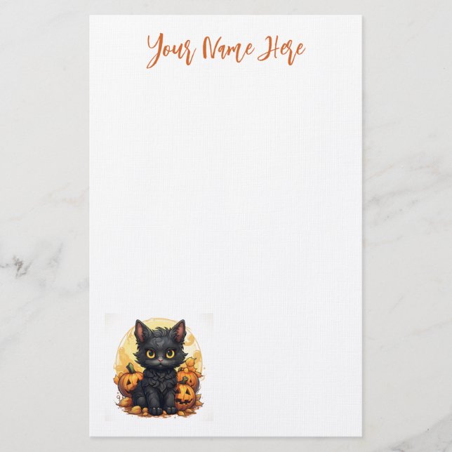 Cute Black Kitten with Jack-O-Lanterns Halloween Stationery (Front)