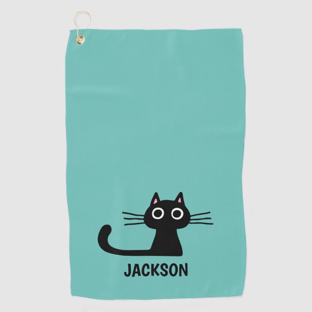 Cute Black Kitty Cat | Cool Kitten Personalised Golf Towel (Front)