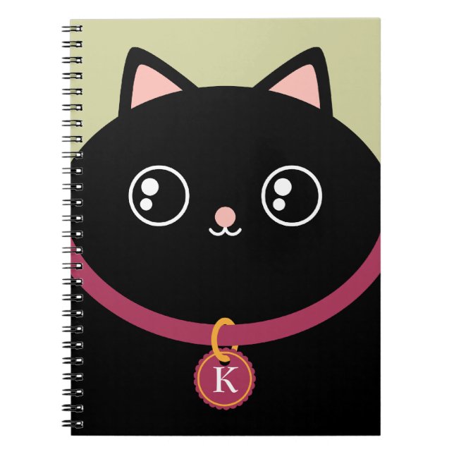 Cute Black Kitty Face Custom Name Monogram Notebook (Front)