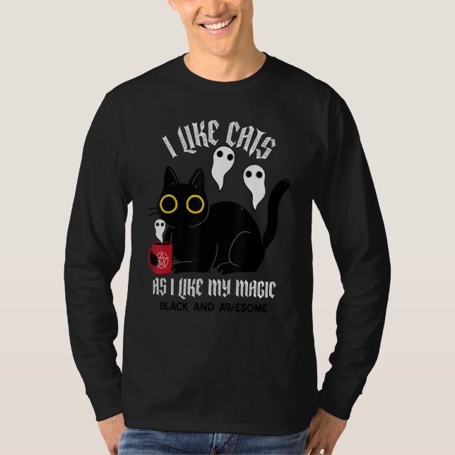 Cute Black Kitty Witchy  With Ghosts Black Magic T-Shirt (Front)