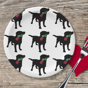 Cute Black Lab Dog holding Red Rose Paper Plate
