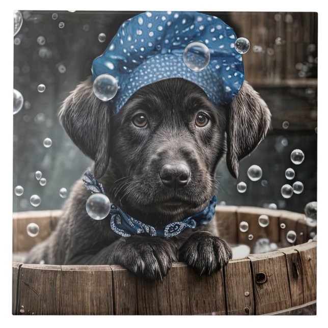 Cute Black Lab Puppy Dog Spa Bubble Bath Ceramic Tile (Front)