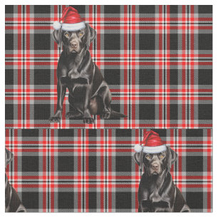 Cute Black Lab Santa Dog on Red Plaid Christmas Fabric