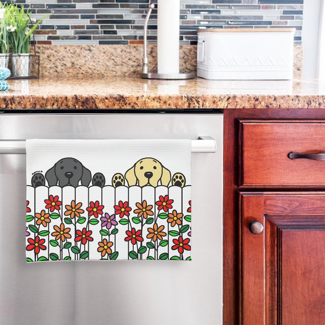 Cute Black Lab Yellow Lab Watching  Tea Towel (Black Lab and Yellow Lab Watching Cartoon Kitchen Towel for Labrador owners.  Cute dogs and flowers.)