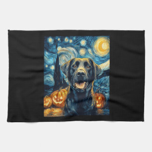 Cute Black Labrador Dog Halloween Jack O Lantern P Tea Towel