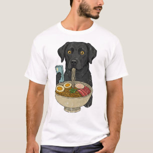 Cute Black Labrador Dog Holding Phone Eating Ramen T-Shirt