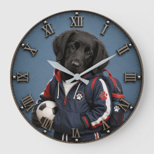 Cute Black Labrador Puppy Soccer  Large Clock