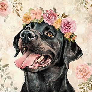 Cute Black Labrador Retriever Dog Floral Tote Bag