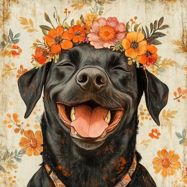 Cute Black Labrador Retriever Dog Orange Floral Tote Bag (Creator Uploaded)