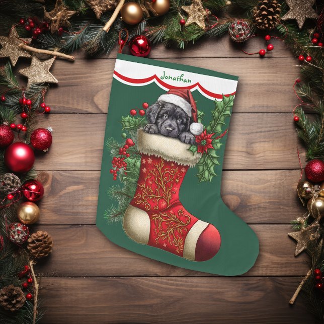 Cute Black Labrador Retriever Puppy Peeking Large Christmas Stocking (Creator Uploaded)